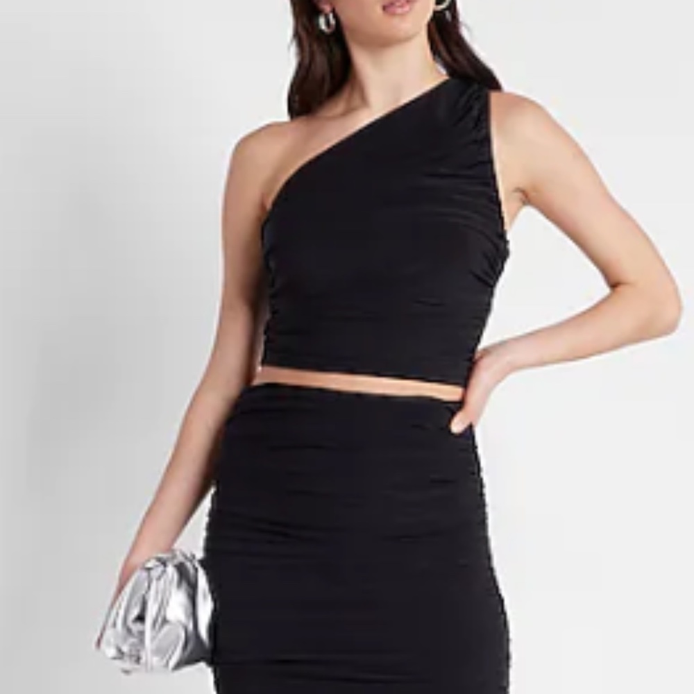 2 Piece Set - Ruched One Shoulder Top & Skirt